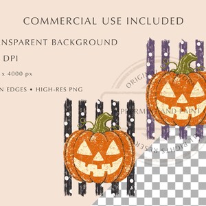 Peut inclure: Deux illustrations num&eacute;riques de citrouilles d'Halloween orange avec des tiges vertes, chacune plac&eacute;e sur un fond de rayures verticales noires &agrave; pois blancs. Le texte indique : COMMERCIAL USE INCLUDED, TRANSPARENT BACKGROUND, 300 DPI, 4000 x 4000 px, CLEAN EDGES &bull; HIGH-RES PNG.