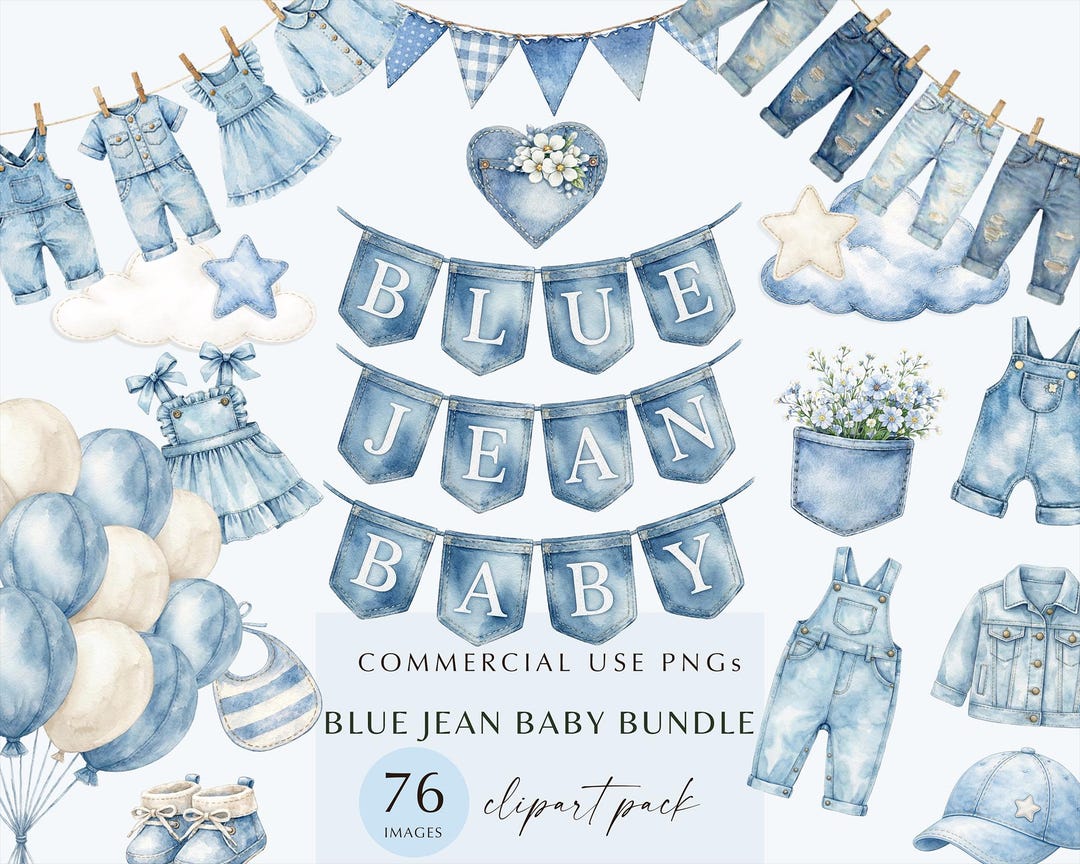 76 Blue Jean Baby Clipart Bundle | Watercolor Denim Baby Clothes ...