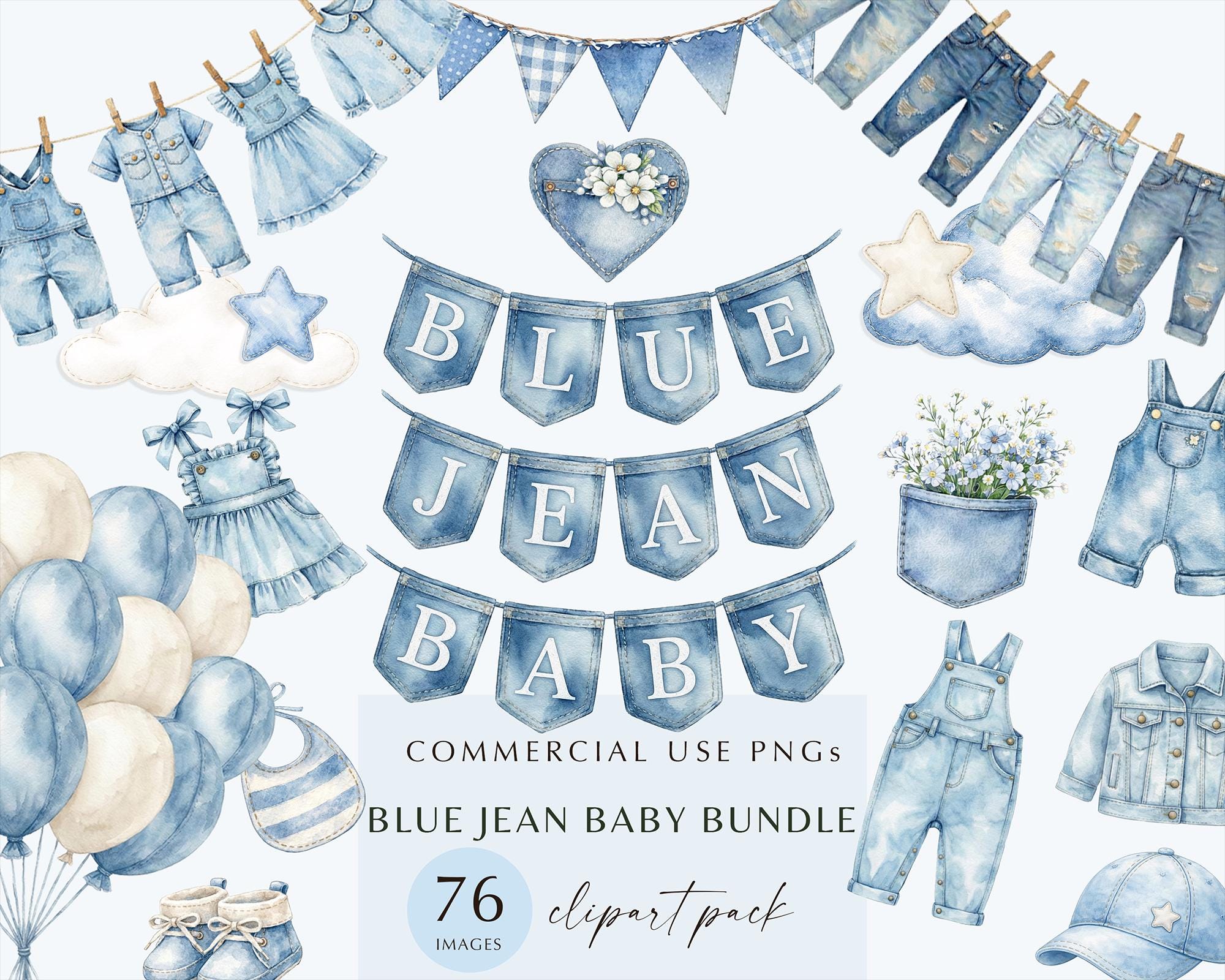 76 Blue Jean Baby Clipart Bundle | Watercolor Denim Baby Clothes ...