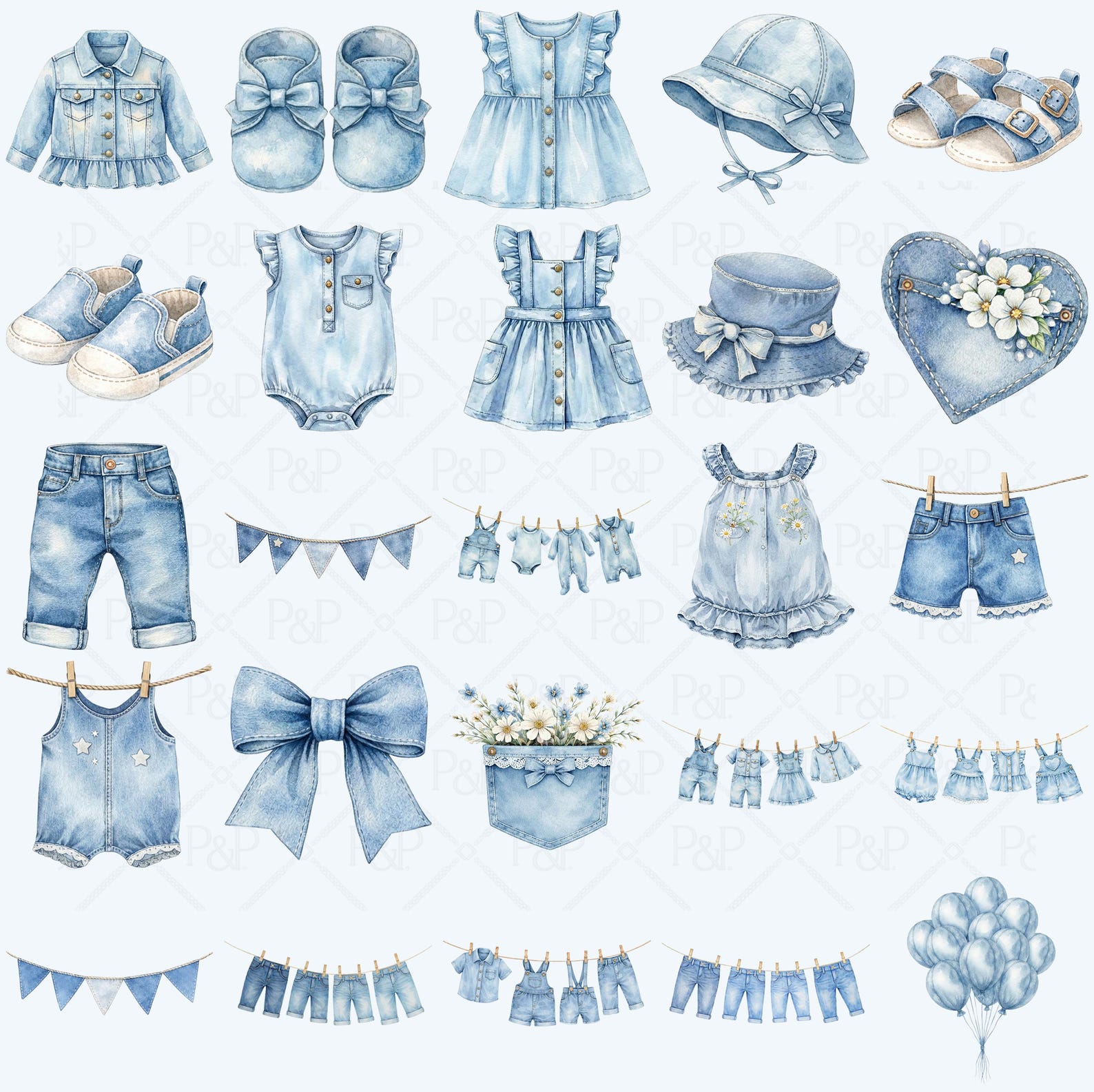 76 Blue Jean Baby Clipart Bundle | Watercolor Denim Baby Clothes ...