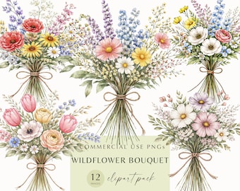 May include: Watercolor illustrations of several wildflower bouquets. Each bouquet is tied with twine and features a variety of colorful flowers, including daisies, poppies, and tulips. The bouquets are arranged against a white background.