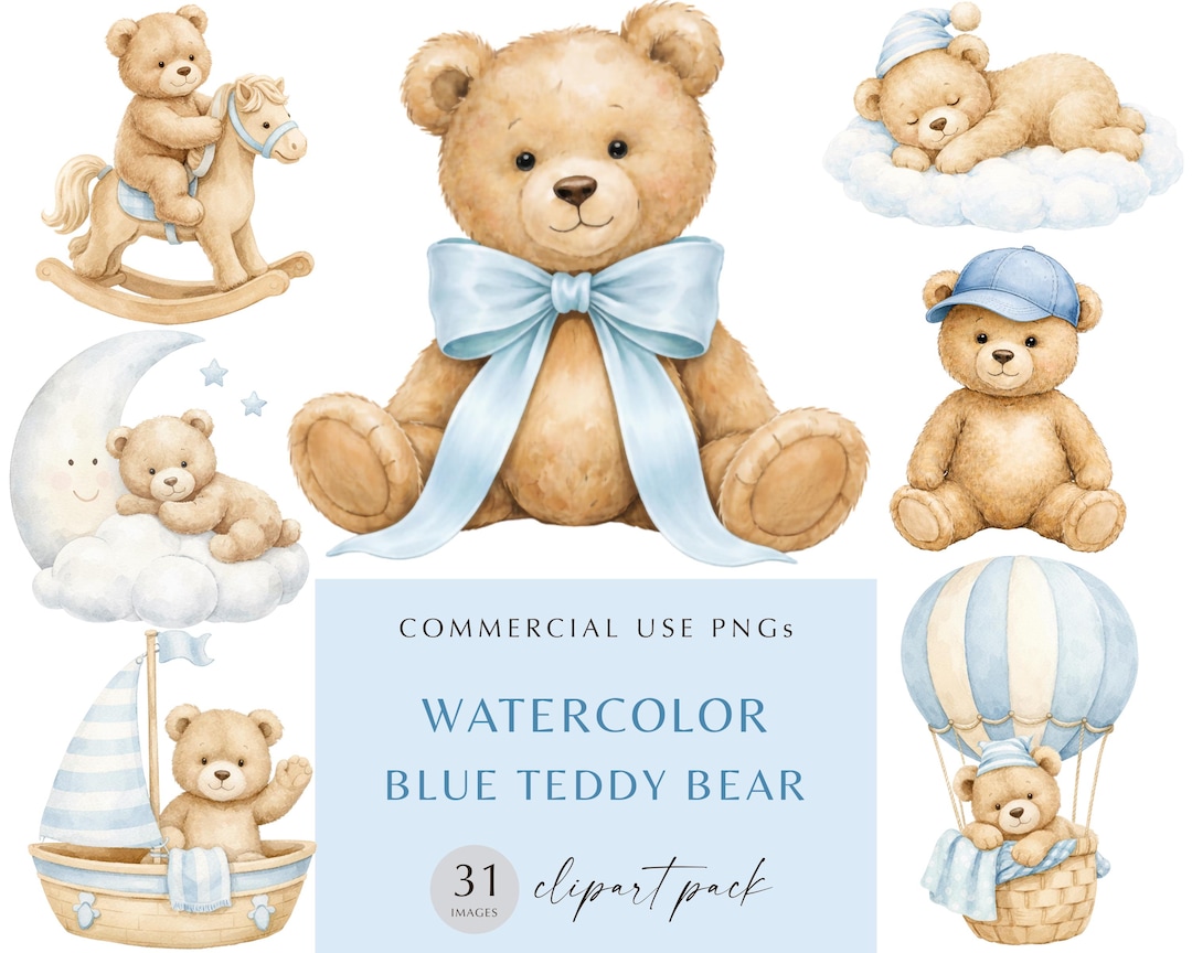 31 PNG Watercolor Teddy Bear Clipart Set | Blue Nursery PNG (digital ...