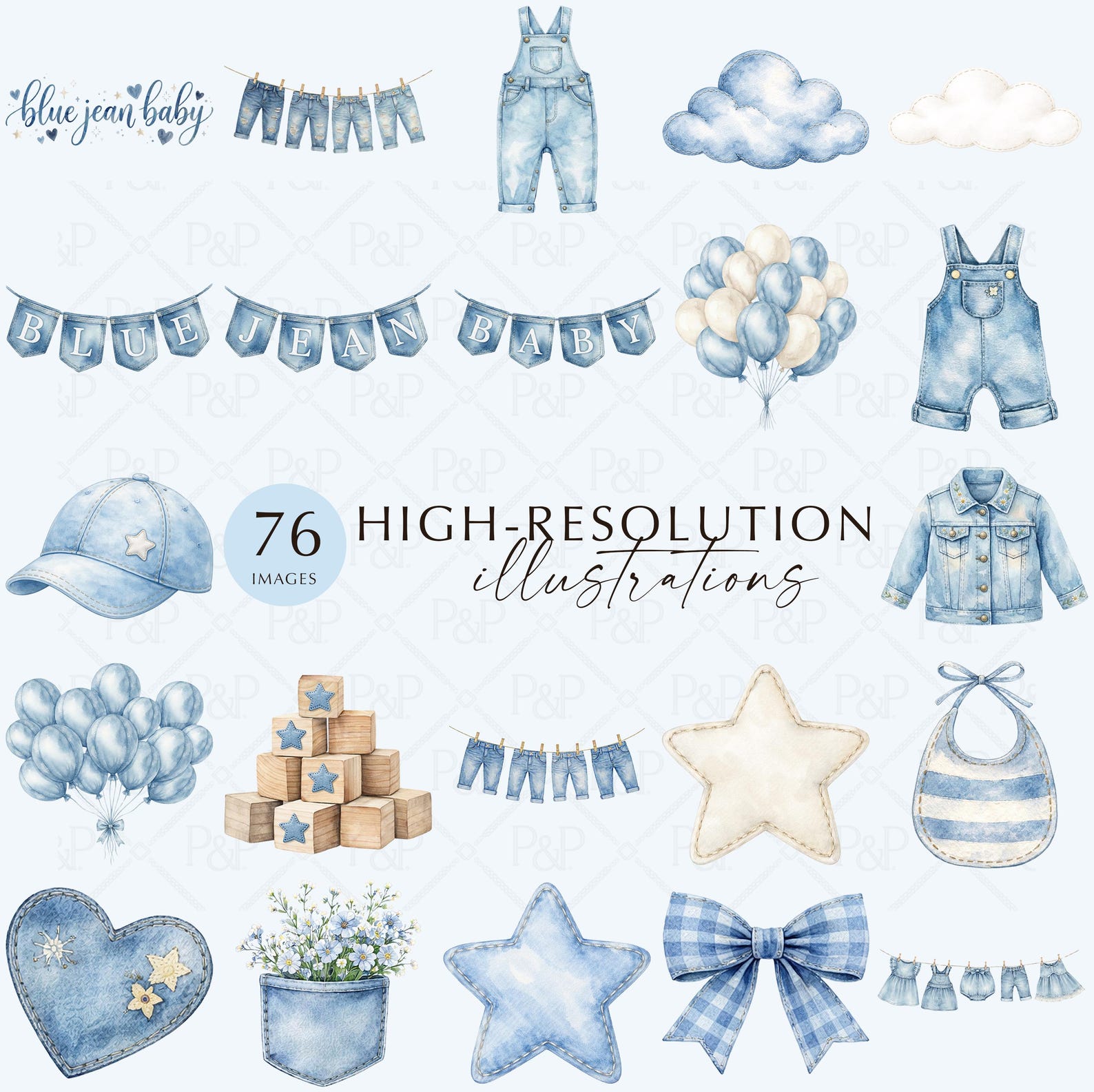 76 Blue Jean Baby Clipart Bundle | Watercolor Denim Baby Clothes ...