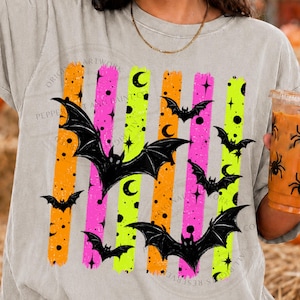 Neon Halloween Bats PNG, Retro Pink Orange Lime Stripes, Distressed Spooky Season Shirt Design, DTF Sublimation Download