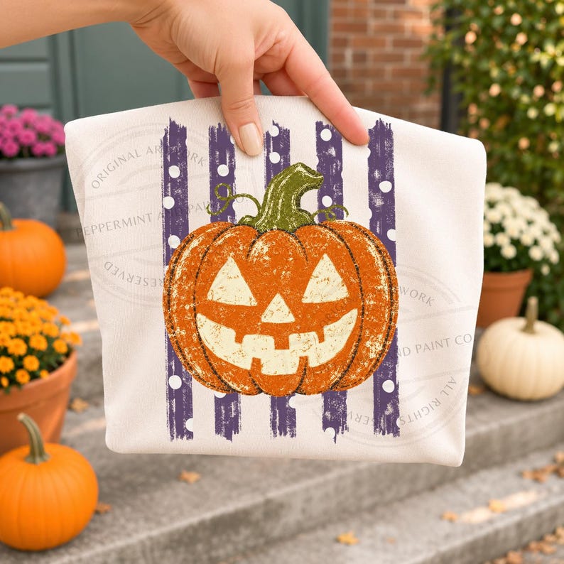 Peut inclure: Une pochette en tissu blanc orn&eacute;e d'un motif central de citrouille orange avec une tige verte. La citrouille est superpos&eacute;e sur un fond de rayures verticales violettes effet vieilli avec des pois blancs. Le design pr&eacute;sente un aspect textur&eacute;.