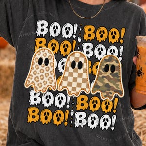 Retro patchwork ghosts PNG, Distressed Halloween Shirt Design, Boo Png, Faux Patchwork Ghost Trio Png, Leopard Camo Checker Sublimation