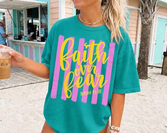 Faith Over Fear PNG, Isaiah 41:10 Bible Verse Png, Christian Shirt Design, Preppy Faith Png, Pink Stripe Religious PNG, Jesus God DTF