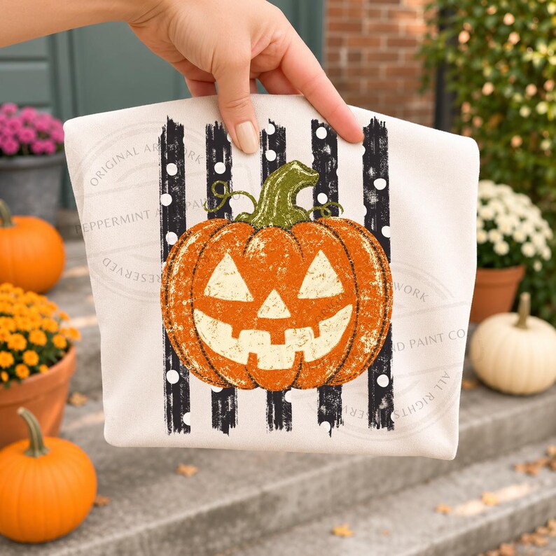 Peut inclure: Une pochette en tissu blanc orn&eacute;e d'un motif central de citrouille orange avec une tige verte. La citrouille est superpos&eacute;e sur un fond de rayures verticales noires &agrave; l'aspect vieilli, parsem&eacute;es de pois blancs sur une surface textile claire.