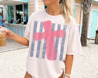 Hand Painted Cross PNG, Christian Shirt Design, Summer Stripe Png, Bible Verse Shirt Design, God Png, Faith DTF Sublimation, Preppy Women