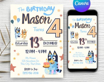 Invitation d'anniversaire modifiable de chien bleu | Invitation anniversaire enfant tendance, anniversaire garçon | Inspiré du blues | Téléchargement numérique imprimable
