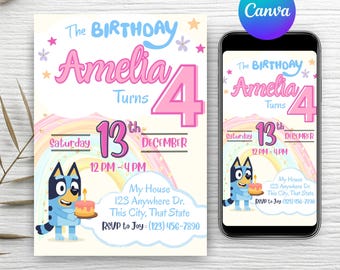 Editable Blue Dog Birthday Invitation | Trending Kids Birthday Invite, Girl Birthday | Bluey-inspired | Printable Digital Download