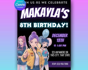 KPop Demon Hunters inspired Birthday Invitation | Canva Editable Template | Printable Birthday Party Invite Digital Download