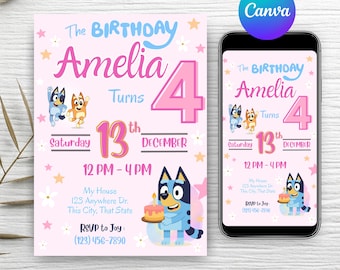 Editable Blue Dog Birthday Invitation | Trending Kid's Birthday Invite, Girl Birthday | Bluey-inspired | Printable Digital Download