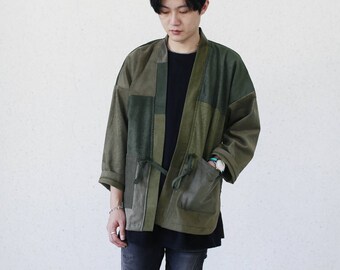 Army Green Patchwork Corduroy Kimono