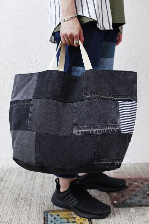 Black Denim Tote Bag - Etsy