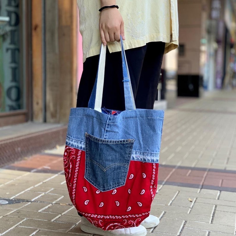 Vintage Bandana Denim Tote Bag Etsy