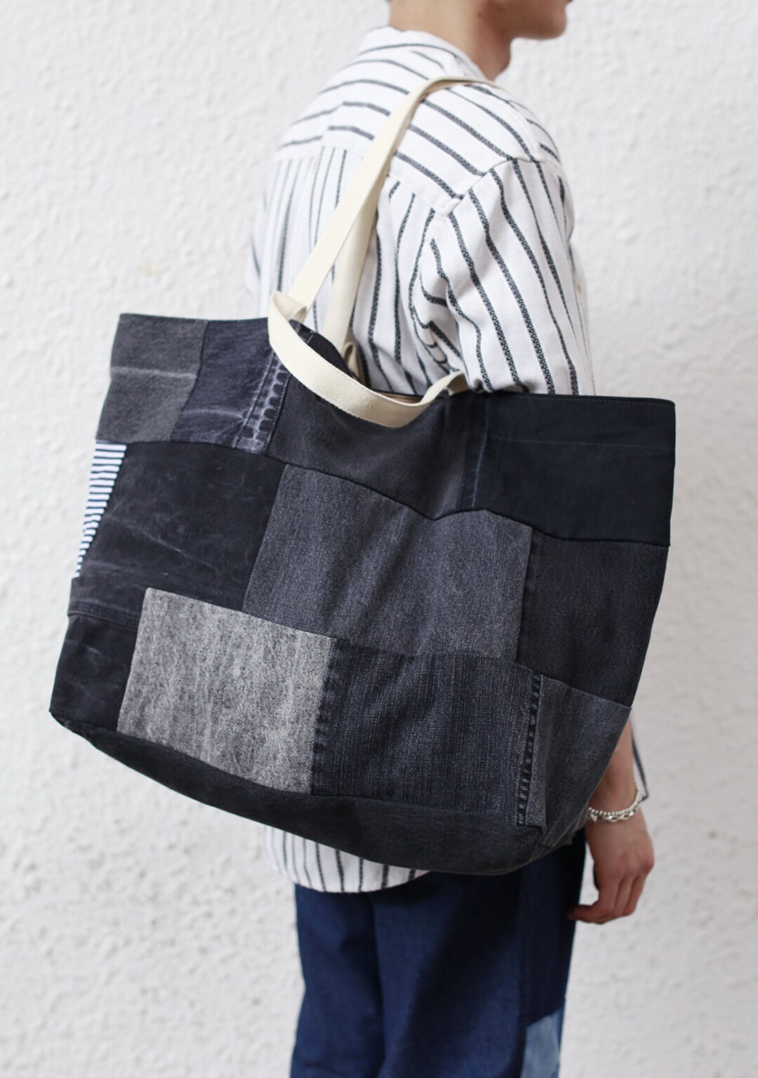 Black Denim Tote Bag - Etsy