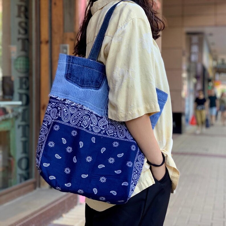 Vintage Bandana Denim Tote Bag Etsy