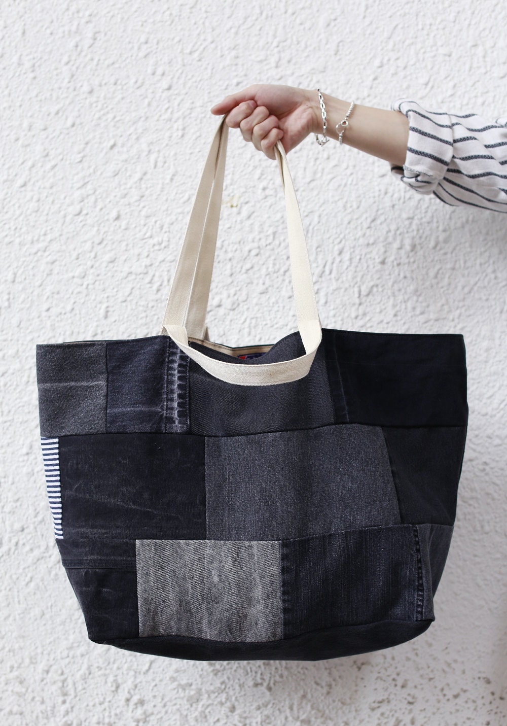 Black Denim Tote Bag - Etsy