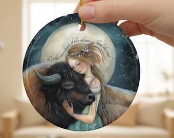 Spirit of the Buffalo Ceramic Ornament - Mystical Maiden Bison Art, Ethereal Nature Lover Gift,  Wildlife Decor, Sacred Bond Keepsake