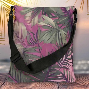 Hawaiian Tropical Print Pink Tones Adjustable Tote Bag, Canvas Tote - Market Bag, Grocery Bag, Beach Bag, Purse for Everyday Essentials