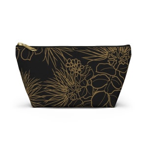 Ohia Lehua Gold and Black Accessory Pencil Pen Pouch w T-bottom, Makeup Bag, Hawaiian Print Pouch