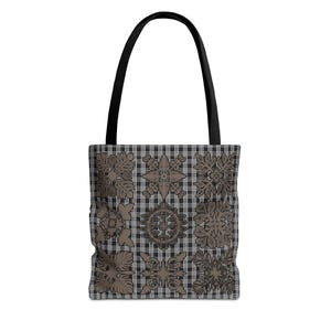 Kapa Tapa Hawaiian Quilt Palaka Print Tote Bag, Taupe & Black | Carryall, Perfect for Shopping, Beach Days, Gifts, Everyday Use