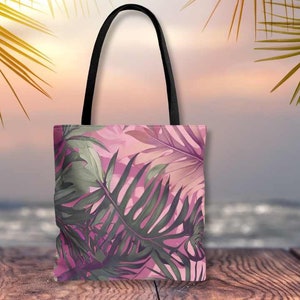 Hawaiian Tropical Print Pink Tones Tote Bag, Teacher Bag, Market Bag, Grocery Bag, Beach Bag, School Bag, Everyday Bag for Essentials