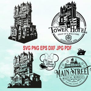 Puede incluir: Diseños gráficos en blanco y negro con la Torre del Terror de Hollywood, un crucero y Main Street. El texto incluye "Hollywood of Terror", "The Hollywood Tower Hotel", "My first Disney cruise" y "Main Street Magical Moments".