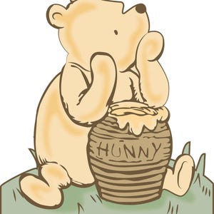 May include: Illustration of a light yellow bear with a brown honey pot. The bear is sitting on green grass and has its hand up near its face. The honey pot is brown and has the word "HUNNY" on it.