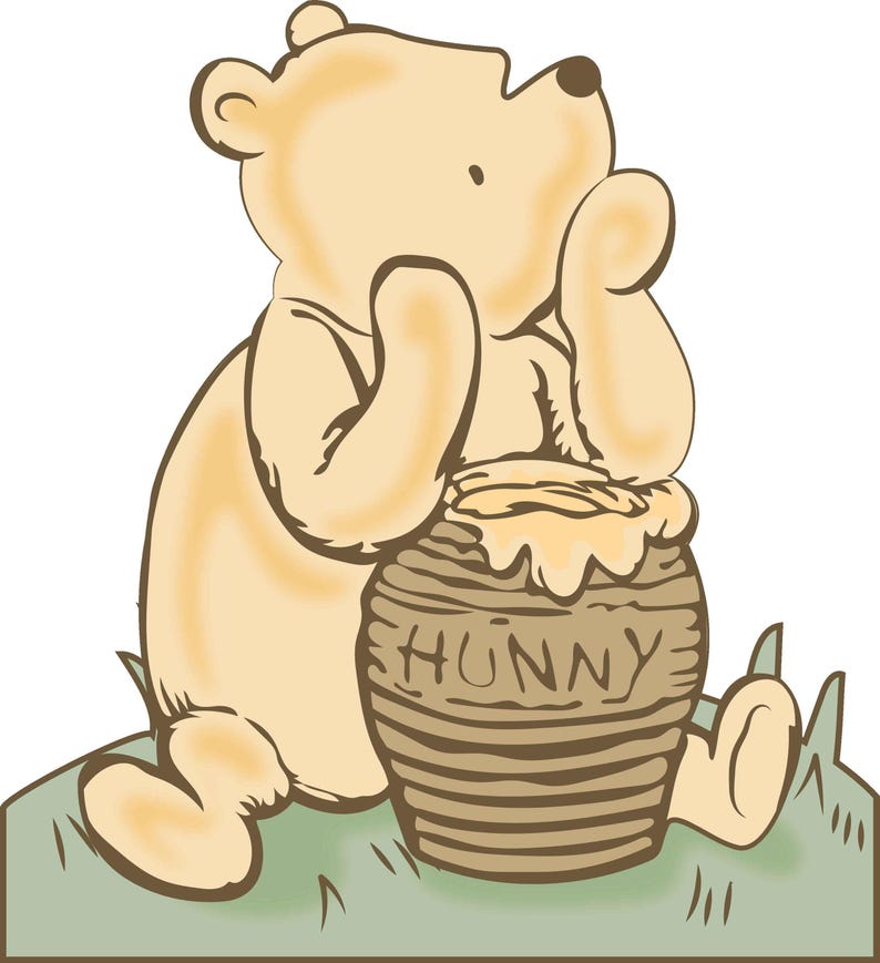 May include: Illustration of a light yellow bear with a brown honey pot. The bear is sitting on green grass and has its hand up near its face. The honey pot is brown and has the word "HUNNY" on it.