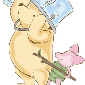 May include: Illustration of a yellow bear with a blue bucket on its head, covering its eyes. A light blue butterfly sits on its head. A small pink pig, wearing a green striped outfit, pushes a stick against the bear.