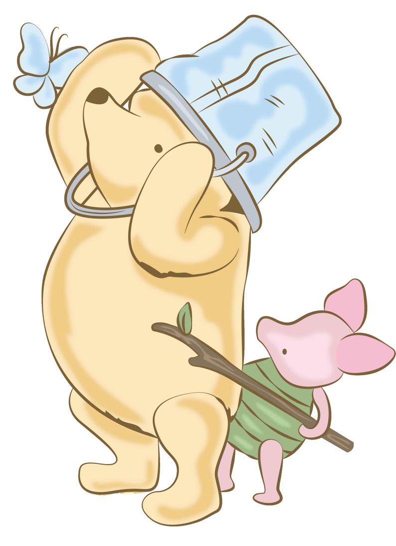 May include: Illustration of a yellow bear with a blue bucket on its head, covering its eyes. A light blue butterfly sits on its head. A small pink pig, wearing a green striped outfit, pushes a stick against the bear.