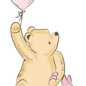 May include: Illustration of a tan bear holding a pink balloon, with a smaller pink pig character clinging to the bear's arm. The bear is reaching up, and the pig is wearing a green striped shirt. The background is white.