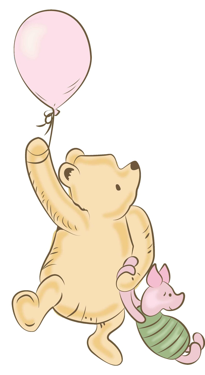 May include: Illustration of a tan bear holding a pink balloon, with a smaller pink pig character clinging to the bear's arm. The bear is reaching up, and the pig is wearing a green striped shirt. The background is white.