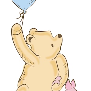 May include: Illustration of a tan bear holding a light blue balloon, with a pink piglet in a green striped shirt. The bear is looking up, and the piglet is looking forward. The image has a soft, cartoonish style.