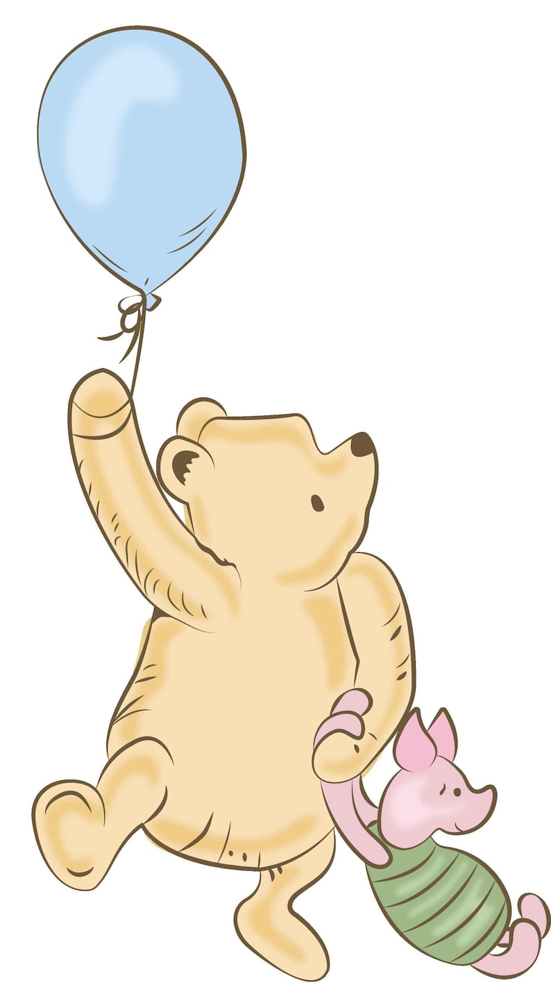 May include: Illustration of a tan bear holding a light blue balloon, with a pink piglet in a green striped shirt. The bear is looking up, and the piglet is looking forward. The image has a soft, cartoonish style.