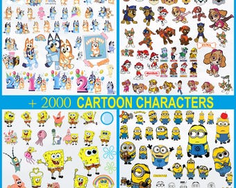 May include: A collection of cartoon character images, including Bluey, Paw Patrol, SpongeBob SquarePants, and Minions. The image features a variety of characters in different poses and styles, with the text "+ 2000 CARTOON CHARACTERS" at the bottom.