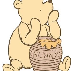 May include: Illustration of a light yellow bear with a brown outline, sitting and looking up. The bear is holding a brown honey pot with the word "HUNNY" on it. The honey pot has a yellow honey dripping from the top.