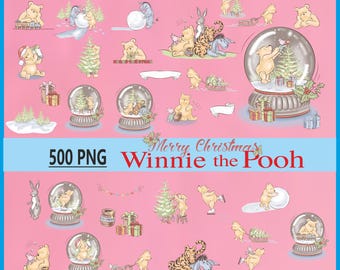 Imágenes prediseñadas navideñas de Winnie the Pooh, paquete de 500 PNG (descarga digital)