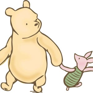 May include: Illustration of Winnie the Pooh and Piglet walking together. Winnie the Pooh is a large, yellow bear with a brown outline. Piglet, a small pink pig, wears a green striped shirt and holds Pooh's hand.