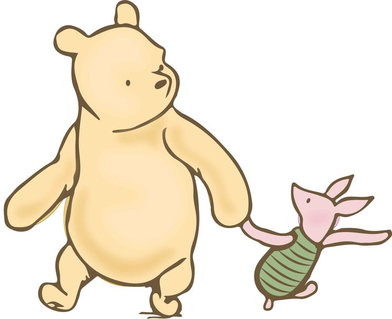 May include: Illustration of Winnie the Pooh and Piglet walking together. Winnie the Pooh is a large, yellow bear with a brown outline. Piglet, a small pink pig, wears a green striped shirt and holds Pooh's hand.