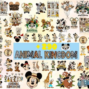 May include: A collection of Disney's Animal Kingdom themed graphics. The images feature Mickey Mouse, Minnie Mouse, Donald Duck, and other characters in safari attire. The text "Animal Kingdom" is prominently displayed.