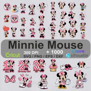 Pode incluir: Uma coleção de designs digitais com o tema Minnie Mouse. Os designs incluem várias poses da Minnie Mouse, gráficos de aniversário e outros elementos relacionados. A imagem também inclui o texto "Minnie Mouse", "Cricut", "300 DPI", "+ 1000", "Canva" e "SVG / PNG / EPS / DXF".