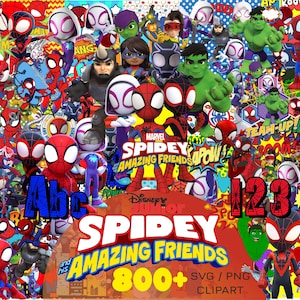 Puede incluir: Un collage colorido con varios personajes de la serie Marvel Spidey y sus increíbles amigos. La imagen incluye el texto "Spidey Amazing Friends" y "800+ SVG/PNG Clipart". El fondo está lleno de elementos de estilo cómic.