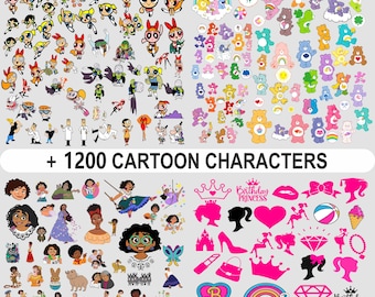 Puede incluir: Una colección de ilustraciones de personajes de dibujos animados, incluyendo Las Supernenas, Osos Amorosos y personajes de Encanto. La imagen también presenta siluetas de coronas, labios y otros elementos temáticos de princesas. El texto dice "+ 1200 CARTOON CHARACTERS."