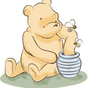 May include: A cartoon illustration of a yellow bear sitting on green grass, reaching into a blue and white striped honey pot. Two white and brown bees are flying near the bear's arm. The bear has a thoughtful expression.