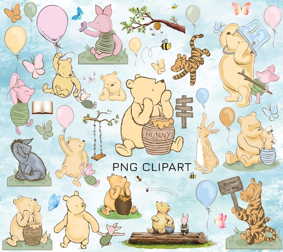 Classic Winnie the Pooh PNG Clipart Bundle, Pooh Baby shower, Classic Pooh Bundle, Winnie the Pooh watercolor