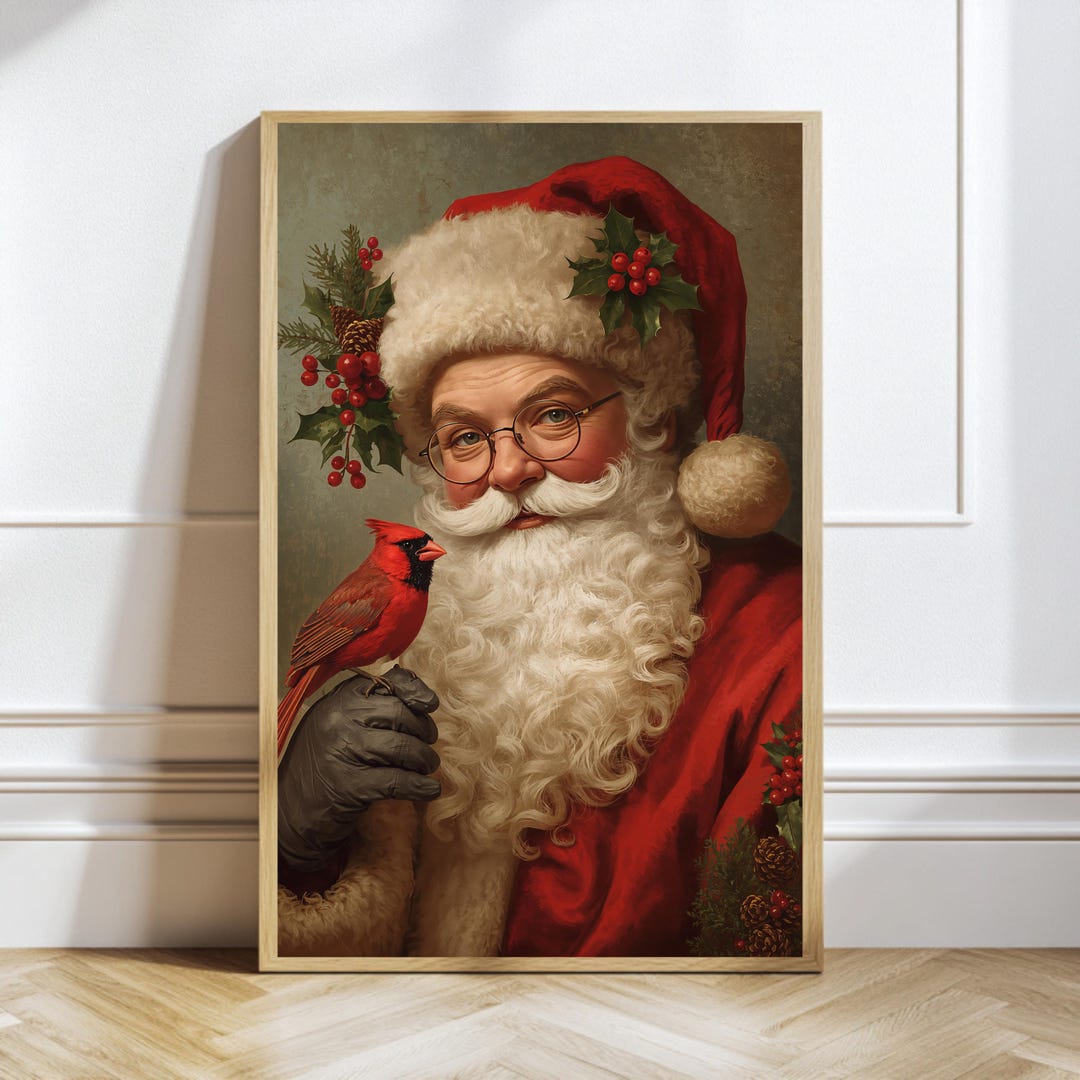 Vintage Santa Claus Portrait With Cardinal Bird – Classic Christmas ...