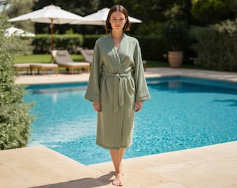 Organic Cotton Muslin Robe, Sage Green Gauze Kimono, Soft Lightweight Bathrobe, Breathable Spa Loungewear, Unisex Turkish Cotton Robe